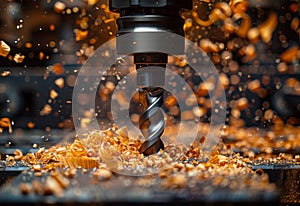 Drill is drilling hole in wood. The CNC milling machine cutting the wood with the milling cutter.