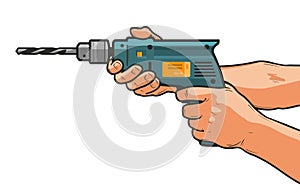 Drill in hand. Building, repair, housework, construction tool concept. Cartoon vector illustration