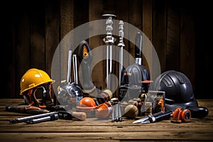 drill, helmet and construction tool on dark wooden background