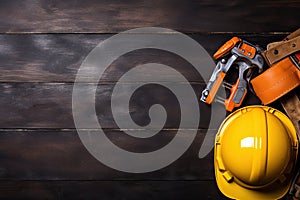 drill, helmet and construction tool on dark wooden background