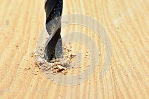 Drill opening a hole in a wooden board photo