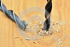 Drill opening a hole in a wooden board photo