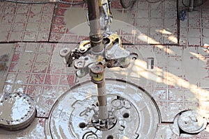 Drill pipe and rig tong on the rig floor while making up