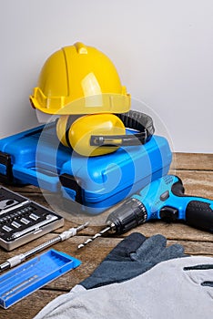 Drill and set of drill,tools,carpenter and safety, Protection Equipment