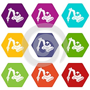 Drill tractor icons set 9 vector