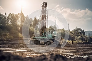 Drilling a geothermal well with a groundwater well drilling rig. Ground water hole drilling machine. Generative AI
