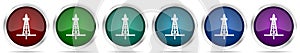 Drilling icons, set of silver metallic glossy web buttons in 6 color options isolated on white background