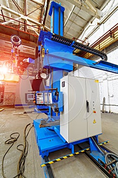 Drilling machine working process on metal factory. Industrial Laser cutting processing manufacture technology.