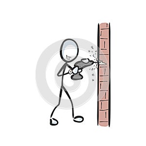 Drilling neighbour. Annoying loud noise. Vector simple wall drill. Stickman no face clipart cartoon. Hand drawn. Doodle sketch,