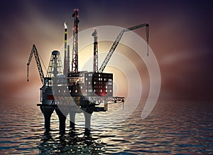 Drilling offshore Platform in night sea. 3D image.