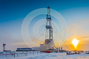 Drilling at an oil and gas field in the Arctic in winter.