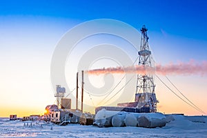 Drilling at an oil and gas field in the Arctic in winter.