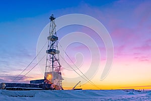 Drilling at an oil and gas field in the Arctic in winter.