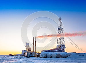 Drilling at an oil and gas field in the Arctic in winter.