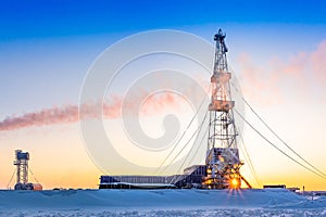 Drilling at an oil and gas field in the Arctic in winter.