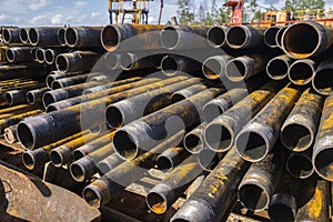 Drilling of oil and gas wells. Drill pipe inspection. Tubing for oil and gas listed on the pedestal out of the wells after washing