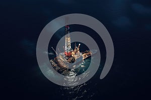 Drilling platform in the sea. Oil and gas industry. Aerial view, Aerial view of jack up drilling rig in the middle of the ocean
