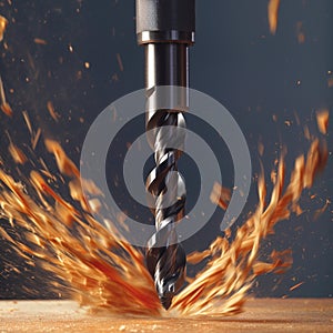 Drilling process Metal drill bit in industrial machine on wood