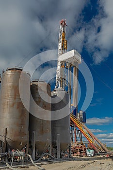 A drilling rig with cementing equipment in an oil and gas field