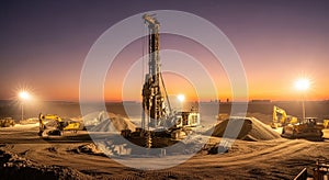 Foundation Drilling Rig at Sunset Construction Site