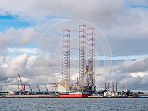 Drilling rig in harbor of Grenaa, Djursland, Midtjylland, Denmark