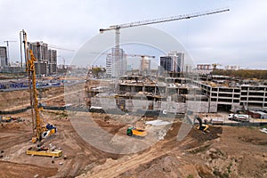 Drilling rig and Pile driver at construction site. Deep foundation machine. Foundations construction work. Ground drilling and