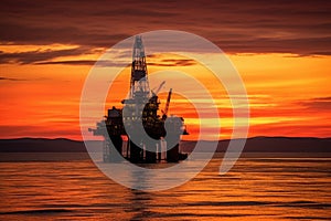 drilling rig silhouette against sunset on iceberg