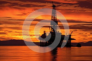 drilling rig silhouette against sunset on iceberg