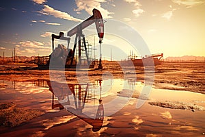 Drilling rigs in a desert oil field to extract fossil fuels and extract crude oil from the ground. Oil drilling rig and pump jack