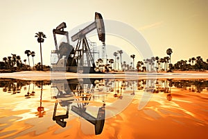 Drilling rigs in a desert oil field to extract fossil fuels and extract crude oil from the ground. Oil drilling rig and pump jack