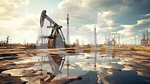 Drilling rigs in a desert oil field to extract fossil fuels and extract crude oil from the ground. Oil drilling rig and pump jack