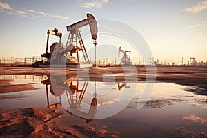 Drilling rigs in a desert oil field to extract fossil fuels and extract crude oil from the ground. Oil drilling rig and pump jack