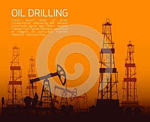 Drilling rigs and oil pumps at sunset