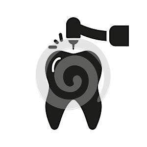 Drilling Tooth with Dentist's Instrument Silhouette Icon. Dentist Drills Teeth, Endodontics Procedure Solid Sign