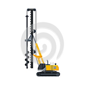 Drilling Truck Construction Machinery, Heavy Special Transport, Side View Flat Vector Illustration