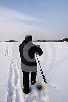 Drilling of wells for winter fishing old brown drill ice