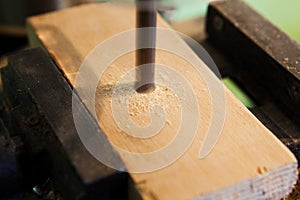 The drilling a wood closeup