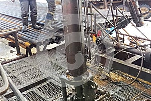 Drilling work at the well. drill rig, rotation of drill pipe