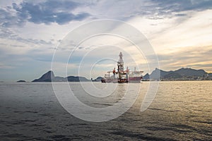 Drillship at Guanabara Bay with Sugar Loaf and Corcovado on background - Rio de Janeiro, Brazil