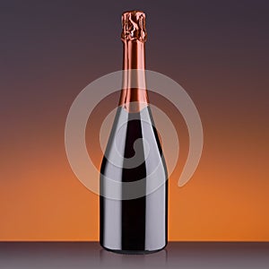 drink, alcohol, advertising - black unlabelled champagne bottle on table with reflection on dark yellow background