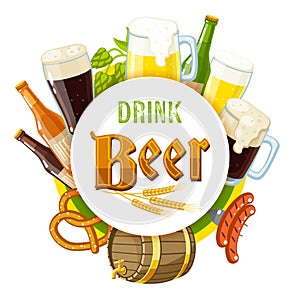 'Drink beer' label with light and dark beer, mugs, bottles, hop cones, barley, beer keg, pretzel and sausages.