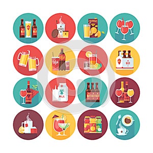 Drink and beverage icon collection. Flat vector circle icons set with long shadow. Food and drinks.