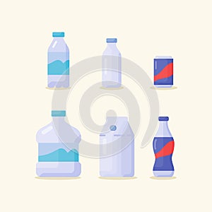 drink beverage icon set collection package mineral water milk soda cola bottle gallon white isolated background with flat color