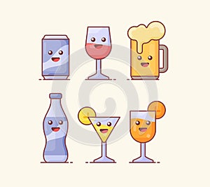 drink beverage icon set collection package with white isolated background and kawai emoticon face with flat color outline style