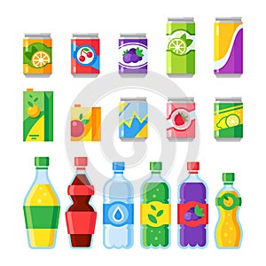 Drink beverages. Cold energy or fizzy soda beverage, sparkling water and fruit juice in glass bottles. Drinks vector