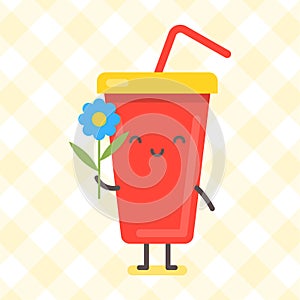 Drink character holding flower and smiling. Funny character