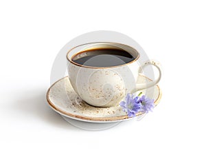 Drink with chicory and blue chicory flower isolated on a white background. Natural coffee substitute. Healthy beverage