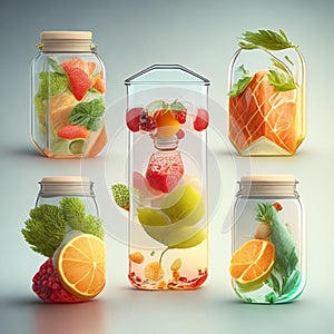 Drink, cocktail, Fresh fruit, flavored water. Food background, fruits, leaves. Pitcher with fruit, juice, fruit juice