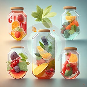 Drink, cocktail, Fresh fruit, flavored water. Food background, fruits, leaves. Pitcher with fruit, juice, fruit juice