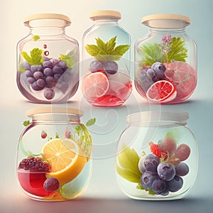 Drink, cocktail, Fresh fruit, flavored water. Food background, fruits, leaves. Pitcher with fruit, juice, fruit juice